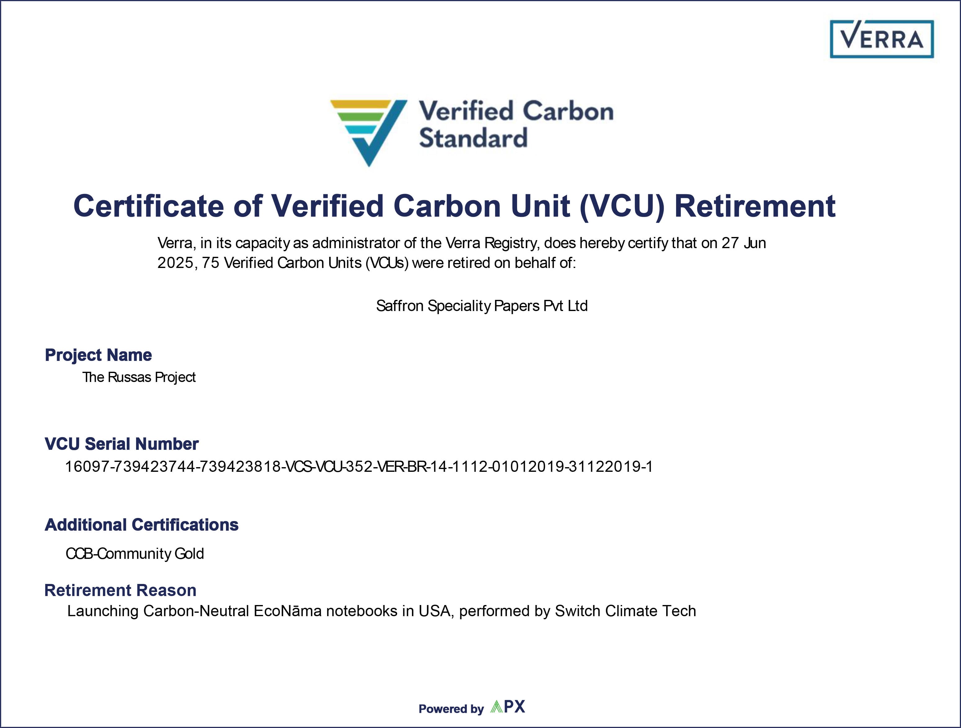 Verra Certificate Saffron Speciality Papers Pvt Ltd
